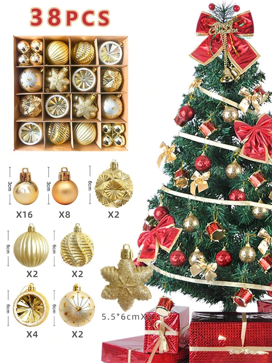 38pcs/Set 6cm Christmas Tree Baubles, Electroplated Plastic Balls, Multi Colored Holiday Ornaments, Party Decorations, With Hooks Halloween - Gold - View 1