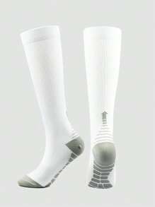1對男女白色時尚壓縮襪,適用於專業戶外運動,長筒款