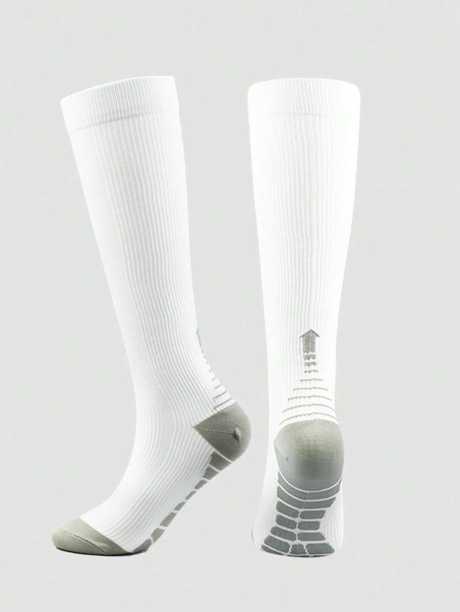 1對男女白色時尚壓縮襪,適用於專業戶外運動,長筒款