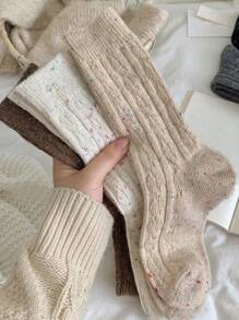 3pairs Women's Thick Warm Wool Vintage Style Mid-calf Socks For Autumn And Winter