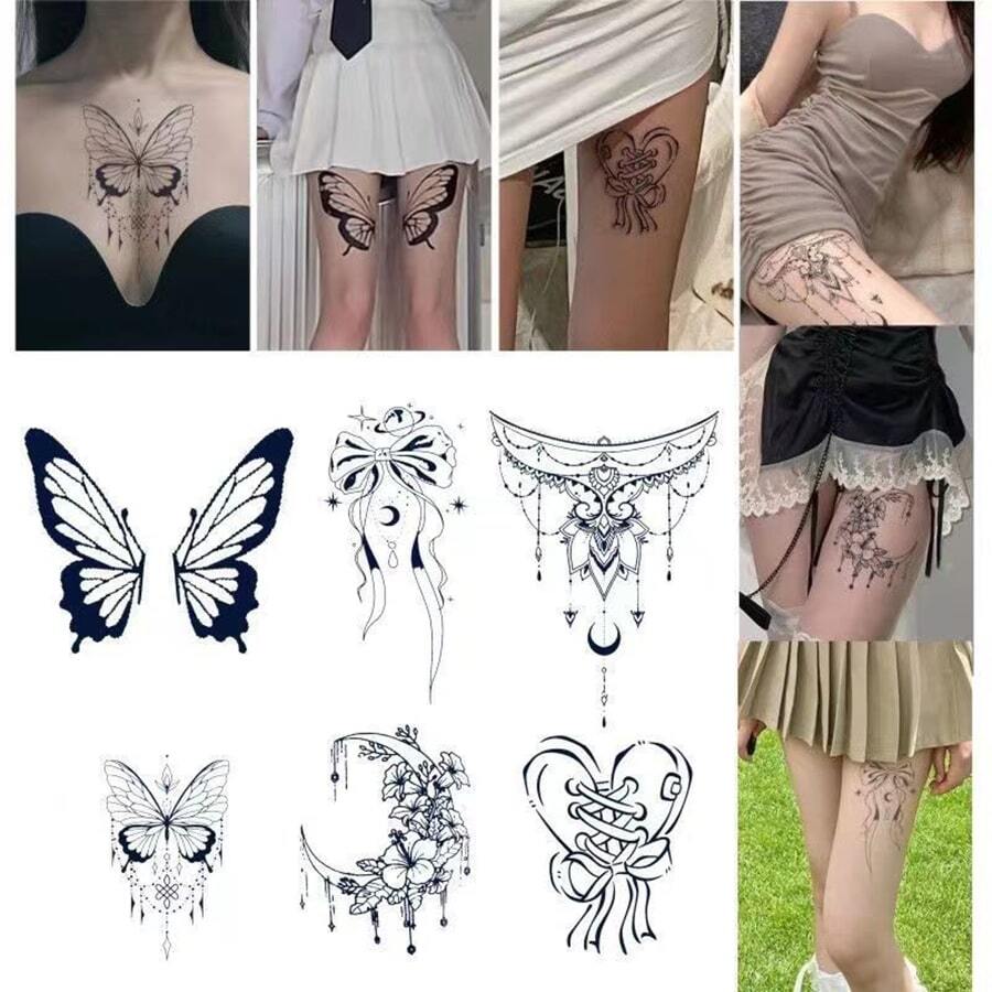 Pegatina De Tatuaje De Mariposa Y Flor Simple De Estilo Blanco Y Negro - Multicolor - Ver 1