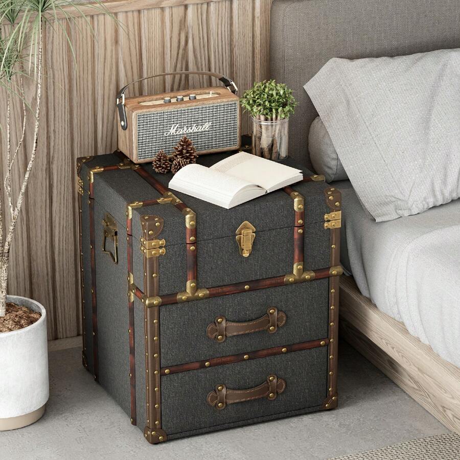 COZAYH Vintage Storage Chest With Buckle Hinged Top, Linen Accent End Side Table For Living Room, Office, Bedroom, Rectangle, Grey - Xám - Xem 1