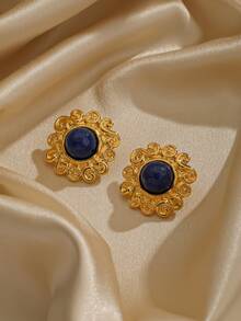 1 對 18k 金藍色金石、莫吉托綠瑪瑙花朵耳釘,非常適合約會 - 藍色 - 查看 4