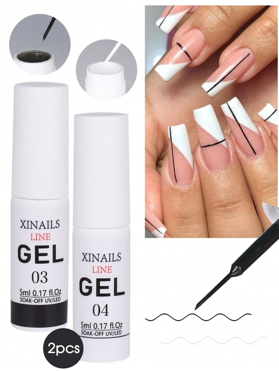 2支装法式美甲凝胶，5毫升白色黑色法式美甲设计超细刷头DIY线条涂鸦绘画凝胶指甲油抽象线条绘画美甲工具 - 黑與白 - 查看 1