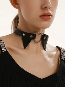 时尚男女酷朋克哥特链式皮革项圈颈链，万圣节圣诞节新年珠宝礼物，适合女性和男性 - 假領項圈 - 查看 1