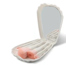 1 Conjunto De Pincéis De Maquiagem Com Padrão De Concha Branca E Espelho, Conjunto De Pincéis Mini Portátil