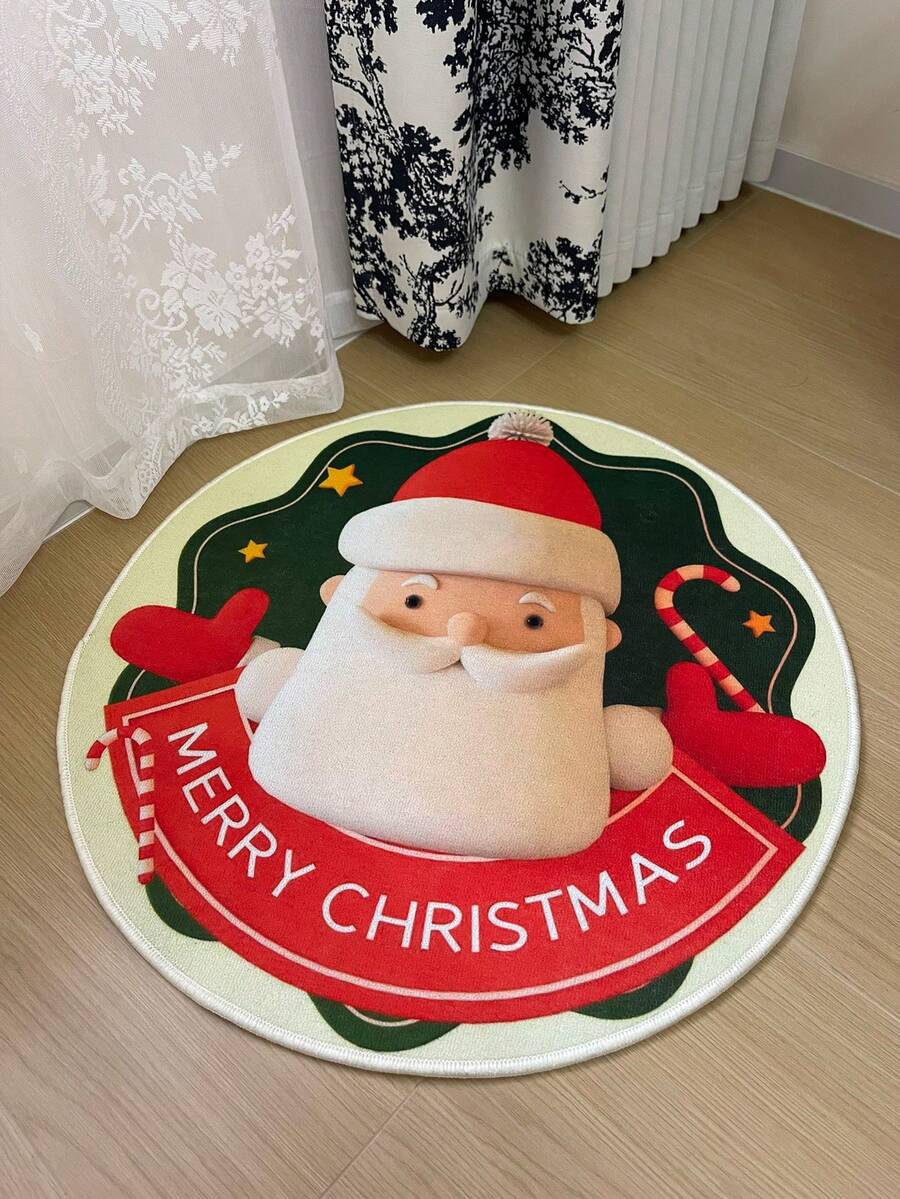 1片聖誕主題圓形地毯,聖誕老人圖案,環形法蘭絨面料,水洗底布防滑,可機洗,適用於臥室、客廳、衣櫃、餐廳、陽台等場所