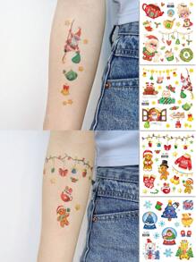 4張閃閃發光的卡通聖誕臨時紋身貼紙,有聖誕老人,水晶球,聖誕樹,小熊,毛衣,襪子圖案,可以貼在臉上,手臂上,防水,在派對上使用