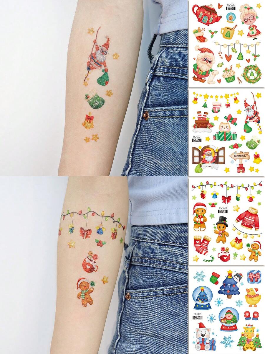 4張閃閃發光的卡通聖誕臨時紋身貼紙,有聖誕老人,水晶球,聖誕樹,小熊,毛衣,襪子圖案,可以貼在臉上,手臂上,防水,在派對上使用