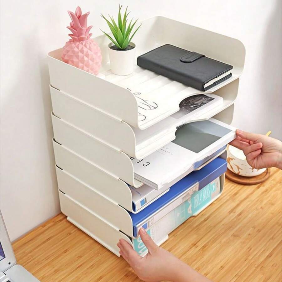 1pc Foldable Multi-layer A4 Paper Storage Box With Drawer Design, Desktop Organizer For Office And Student, Shelf For Storing Files And Stationery Supplies - White - View 1