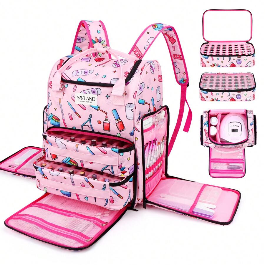 SAVILAND Nail Polish Organizer Bag: Waterproof Nail Polish Organizer Case Holds 80 Bottles & Nail Lamp, Large Nail Organizers And Storage Bag Nail Polish Travel Case Backpack Organizer For Nail Supply - 粉色 - 查看 1