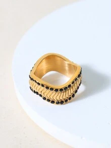 1pc Czech Rhinestone Encrusted Asymmetrical Design Ring, Stylish Fashion Jewelry - Black - View 2