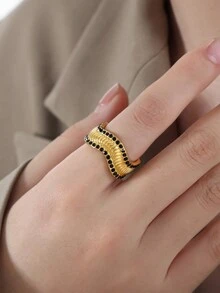 1pc Czech Rhinestone Encrusted Asymmetrical Design Ring, Stylish Fashion Jewelry - Black - View 1