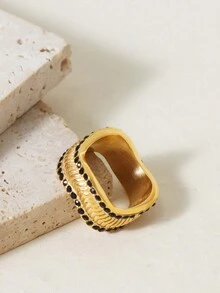 1pc Czech Rhinestone Encrusted Asymmetrical Design Ring, Stylish Fashion Jewelry - Black - View 3