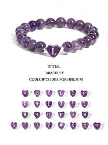 1pc 26 Letter A-Z Initial Heart Shape Crystal Bracelets 8MM Real Natural Stone Beads Amethysts Obsidian Sodalite Rose Quartz Bracelet For Couple - Purple - View 2