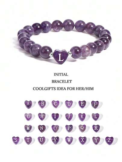 1 件 26 个字母 A-Z 首字母心形水晶手链 8 毫米真天然石珠紫水晶黑曜石方钠石玫瑰石英手链情侣款