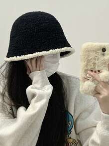可爱单件女士拼色毛绒渔夫帽，适合秋冬休闲装冬季服装 - 黑色 - 查看 4