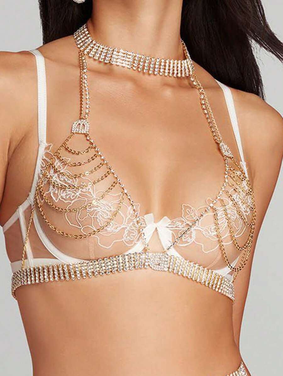 1pc Gold Bikini Rhinestone Body Chain For Women, Sexy Multi-layered Chest Chain - Gold - View 1