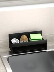 1pc Single-layer Automatic Draining Sponge Holder Sink Storage Basket, Dishwashing Liquid & Hand Soap Rack, Dishcloth Drain Rack - Black - View 2