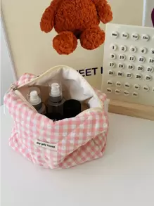 1 Pc Solid Color Plaid Makeup Bag Travel Women Large Soft Cosmetic Organizer Pouch Large Capacity Simple Makeup Bags Green Pencil Case Daily Makeup Brushes Storage Bag Travel Toiletry Bag Organizer Valentine's Day Gift,Gifts For Women,Christmas Gifts,Gift Ideas For Women,Pouch,Makeup Pouch,Travel Essential - Pink - View 4