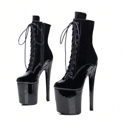 1pair Women's Sexy & Fashionable High-heel Mirror Pu Leather Ankle Boots With Lace-up Front And Pole Dancing Feature, 20cm/8 Inches Black