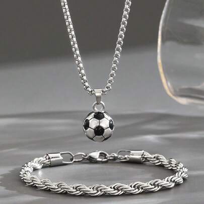 Set de 2 piezas de collar con colgante de fútbol y pulsera con cordón trenzado, joyería de moda para niños, regalo diario para niños y niñas