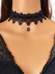 1入組時髦紅色的絲絨&黑色蕾絲性感女性連衣裙項鍊 - 黑色 - 查看 1