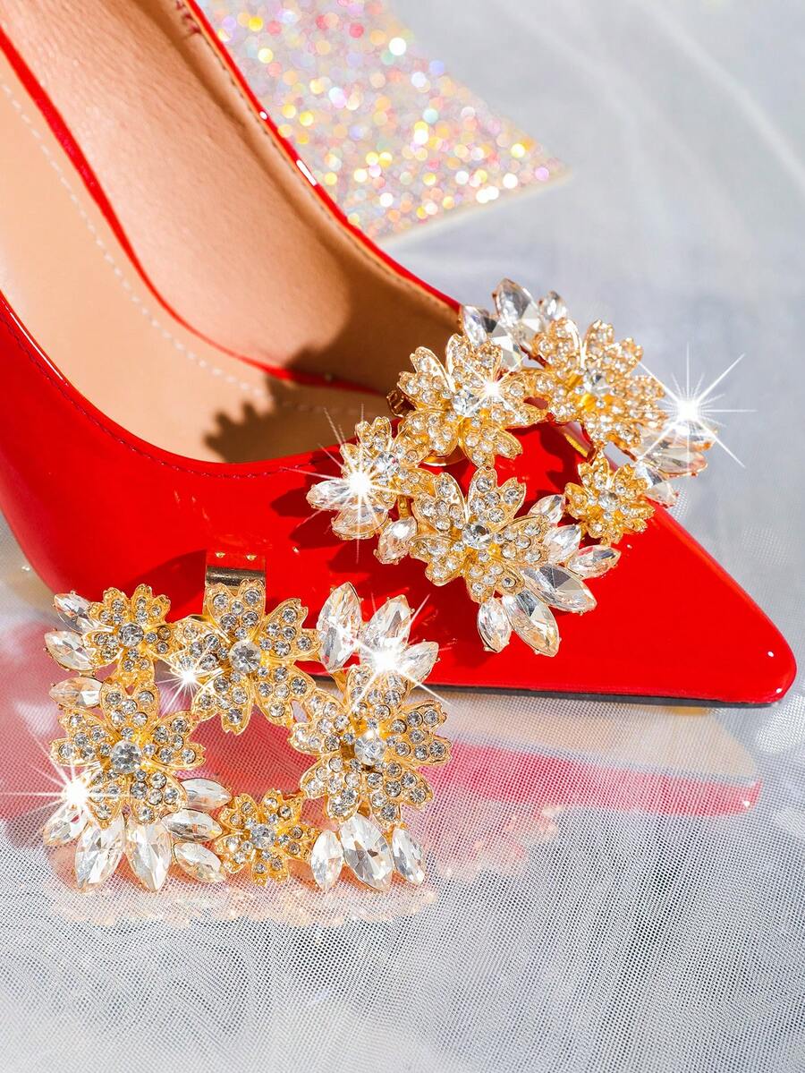 1 对 (2 件) 可拆卸水钻金属环配金色方形扣设计 DIY 鞋配件，适用于时尚优雅的高跟鞋、浅口鞋、女鞋，颜色为黑色、橙色、红色，适合工作场所、商务会议