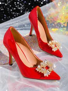 1 对 (2 件) 可拆卸水钻金属环配金色方形扣设计 DIY 鞋配件，适用于时尚优雅的高跟鞋、浅口鞋、女鞋，颜色为黑色、橙色、红色，适合工作场所、商务会议