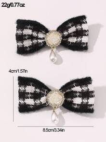 2 件裝女士髮飾黑白格子蝴蝶結髮夾和夾子
