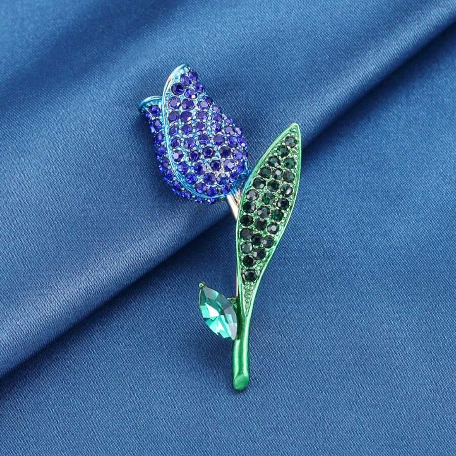 節日禮物鬱金香胸針,高端女性鑽石填充精美飾品,鍍金胸針,設計胸花配件,藍色