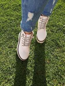 Botas Botines Moda Casual Urbano Agujetas Brillos - Beis - Ver 5