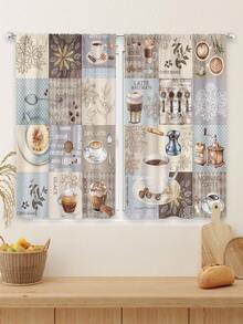 2入組復古咖啡廳廚房窗簾,鄉村拿鐵卡布奇諾咖啡豆,免鑽孔桿,27.5英寸*39英寸