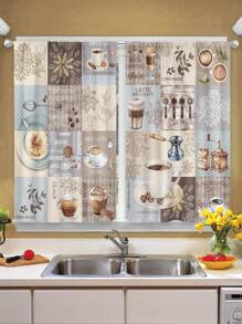 2入組復古咖啡廳廚房窗簾,鄉村拿鐵卡布奇諾咖啡豆,免鑽孔桿,27.5英寸*39英寸