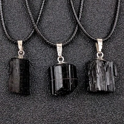 Natural Crystal Black Tourmaline Rough Stone Stainless Steel Pendant Necklace For Men, Asymmetrical Tourmaline Specimen