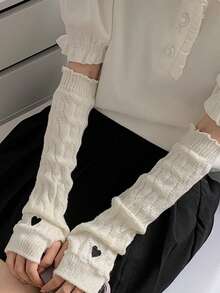 2 件/套女式秋冬白色厚針織毛絨襪和愛心刺繡臂套