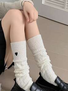 2 件/套女式秋冬白色厚針織毛絨襪和愛心刺繡臂套