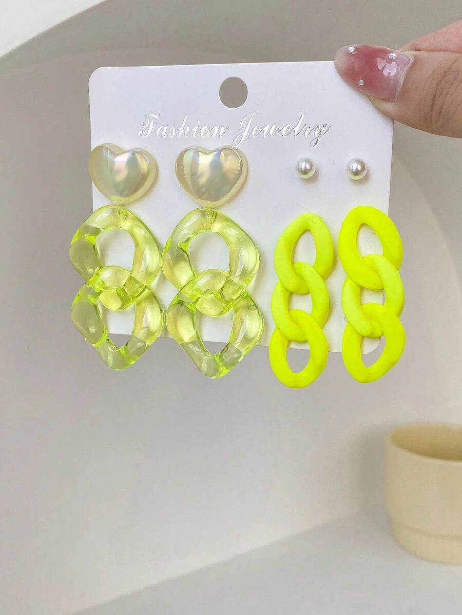 1set 4pairs Popular European & American Style Transparent Inlay Dangle Earrings And Small Pearl Stud Earrings Set - Multicolor - View 1