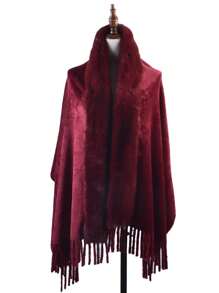 1 Pieza Chal De Felpa Cálido De Moda De Invierno, Color Sólido, Diseño Con Flecos, Envoltura Casual Y Diaria, Amigable Con La Piel, Combina Con Todo - Burdeos - Ver 5