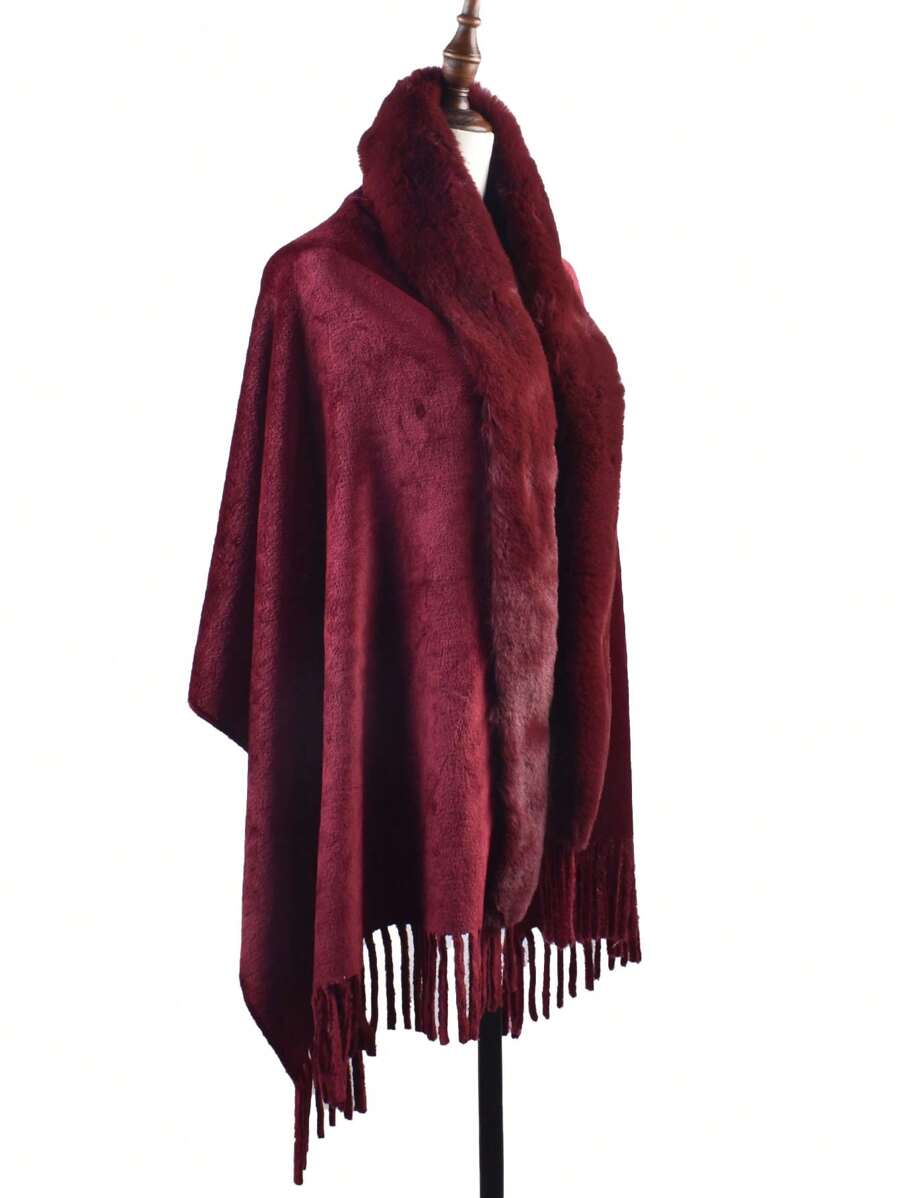 1 Pieza Chal De Felpa Cálido De Moda De Invierno, Color Sólido, Diseño Con Flecos, Envoltura Casual Y Diaria, Amigable Con La Piel, Combina Con Todo - Burdeos - Ver 1