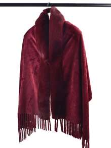 1 Pieza Chal De Felpa Cálido De Moda De Invierno, Color Sólido, Diseño Con Flecos, Envoltura Casual Y Diaria, Amigable Con La Piel, Combina Con Todo - Burdeos - Ver 4