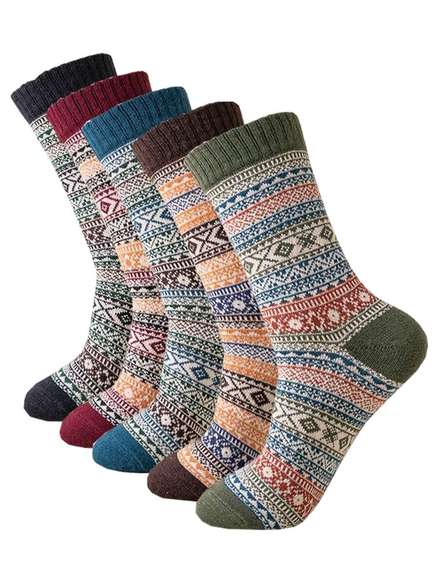 5對/組女性中筒襪,時尚波西米亞風格羊毛襪,適用於各季節和日常使用 - 彩色 - 查看 1