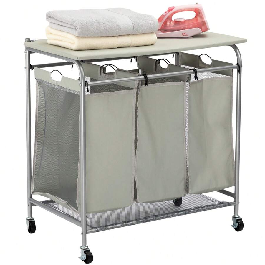 Laundry Sorter Cart with Ironing Board 3 Section Rolling 240l Laundry