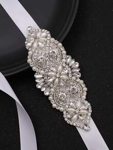 1入手工製作的女性珍珠和鑽石婚禮腰帶,帶有絲帶,適用於婚紗/晚裝