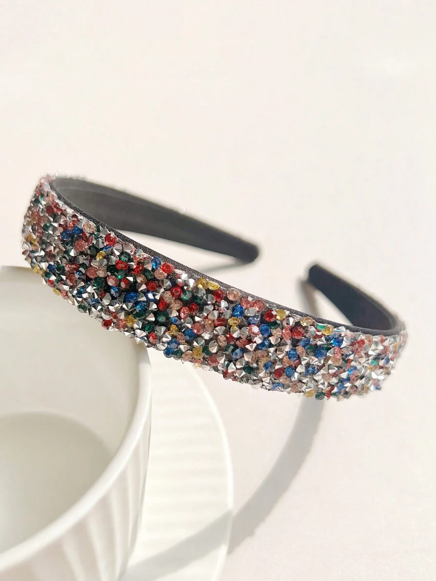 1 件简约水钻装饰宽头带，用途广泛，适用于洗脸、日常使用、发带、发箍 - 彩色 - 查看 1