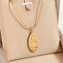 1入組金色不鏽鋼鍍金橢圓形聖母項鍊,流行獨特設計,適合男女、情侶、街頭、日常、上班、派對穿著