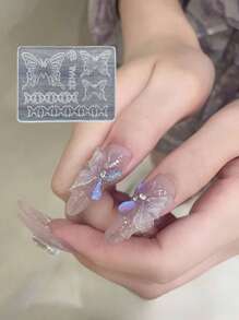 1入淺型3d美甲矽膠模具,可重複使用於diy Uv Builder Gel,甜美蝴蝶形美甲裝飾 - 無色 - 查看 1