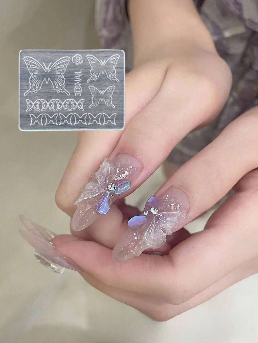 1入淺型3d美甲矽膠模具,可重複使用於diy Uv Builder Gel,甜美蝴蝶形美甲裝飾 - 無色 - 查看 1