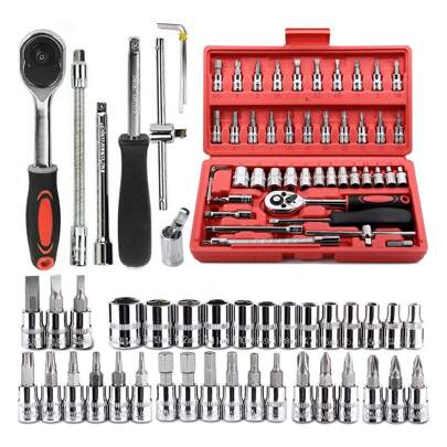 46pcs 1/4 Inch Socket Ratchet Wrench Set With Metric Drill Socket And Extension Bar, For Car Repair And Household Use, With Storage Box