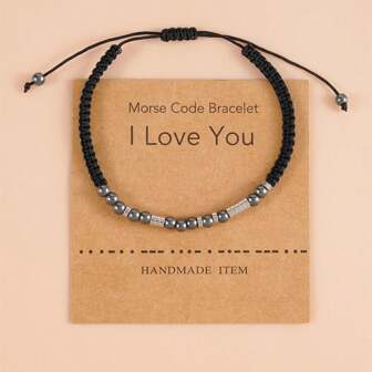 1pc Fashion Stainless Steel Onyx Beaded Bracelet With I Love You Morse Code, Handmade Woven Rope Bracelet, Unisex Couple Gift Suitable For Daily Wear